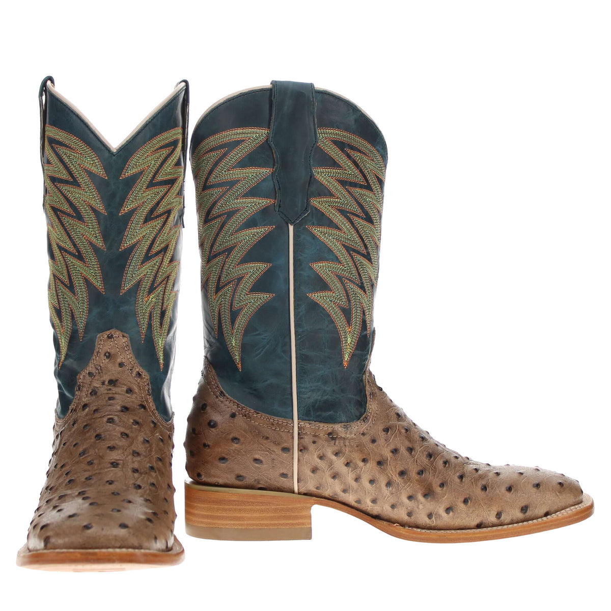 Pair of cowboy boots with teal shafts, brown perforated uppers, zigzag embroidery, and block heels