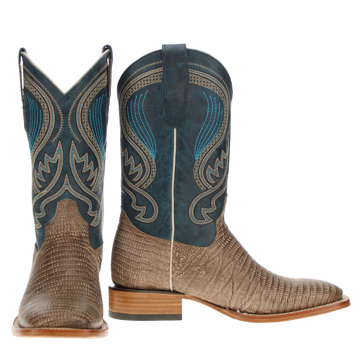 Pair of cowboy boots: teal embroidered shaft and tan textured leather