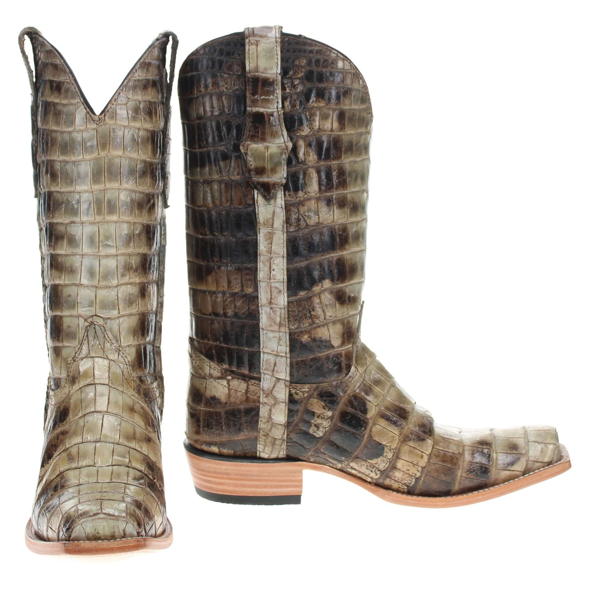 Pair of crocodile-print cowboy boots, tan-and-brown pattern, square toe, stacked heel