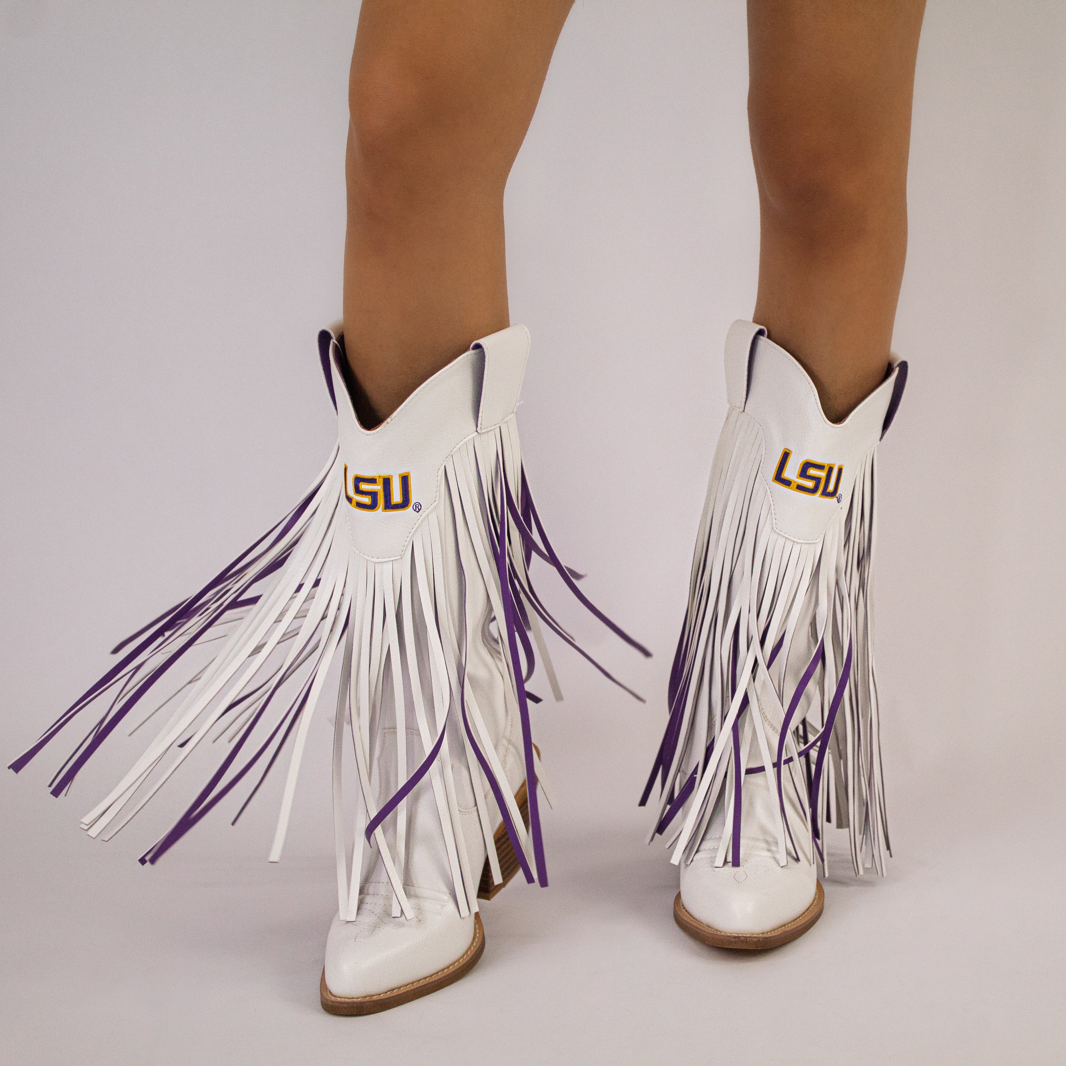 Women's Louisiana State University White Fringe Cowgirl Boots Kacey by V by Vaccari
