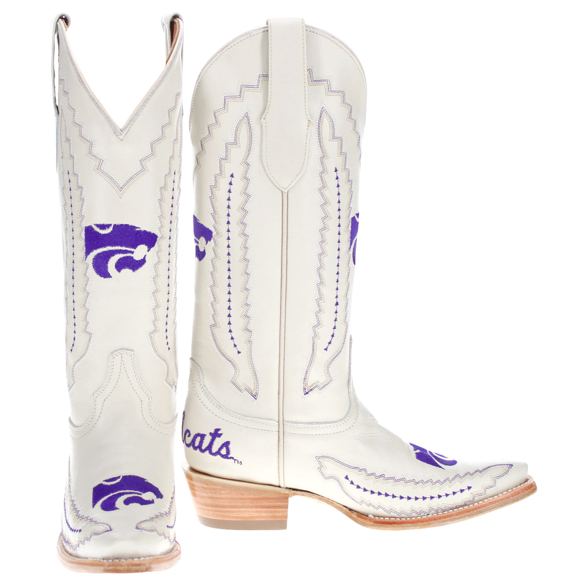 Two white cowboy boots with purple accents, decorative stitching, and stacked heel