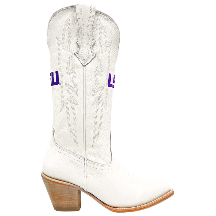 Women's Louisiana State University Tigers All White Pointed Cowgirl Boots Leighton by Vaccari
