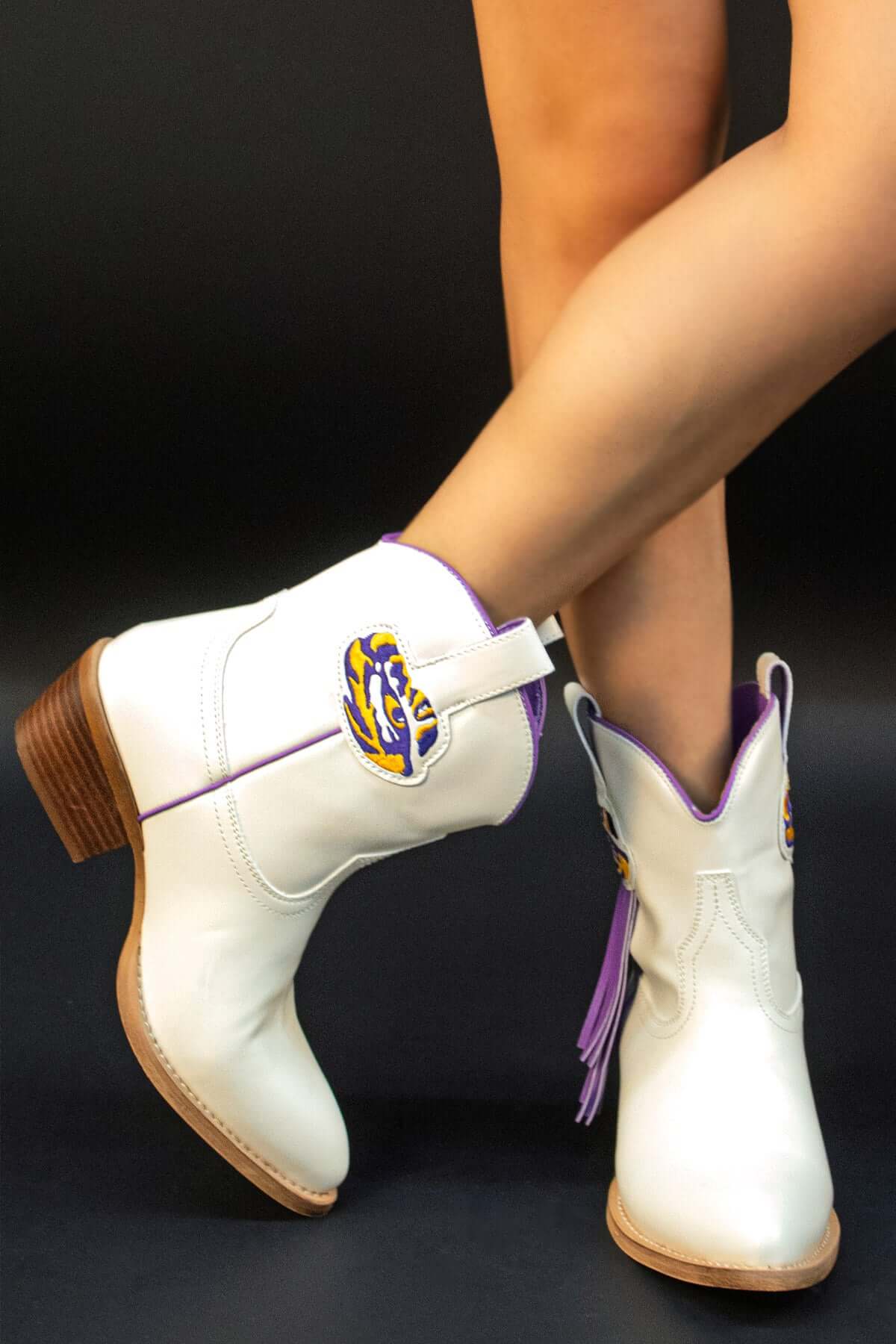 Women's LSU White Fringe Bootie Lucy by V by Vaccari