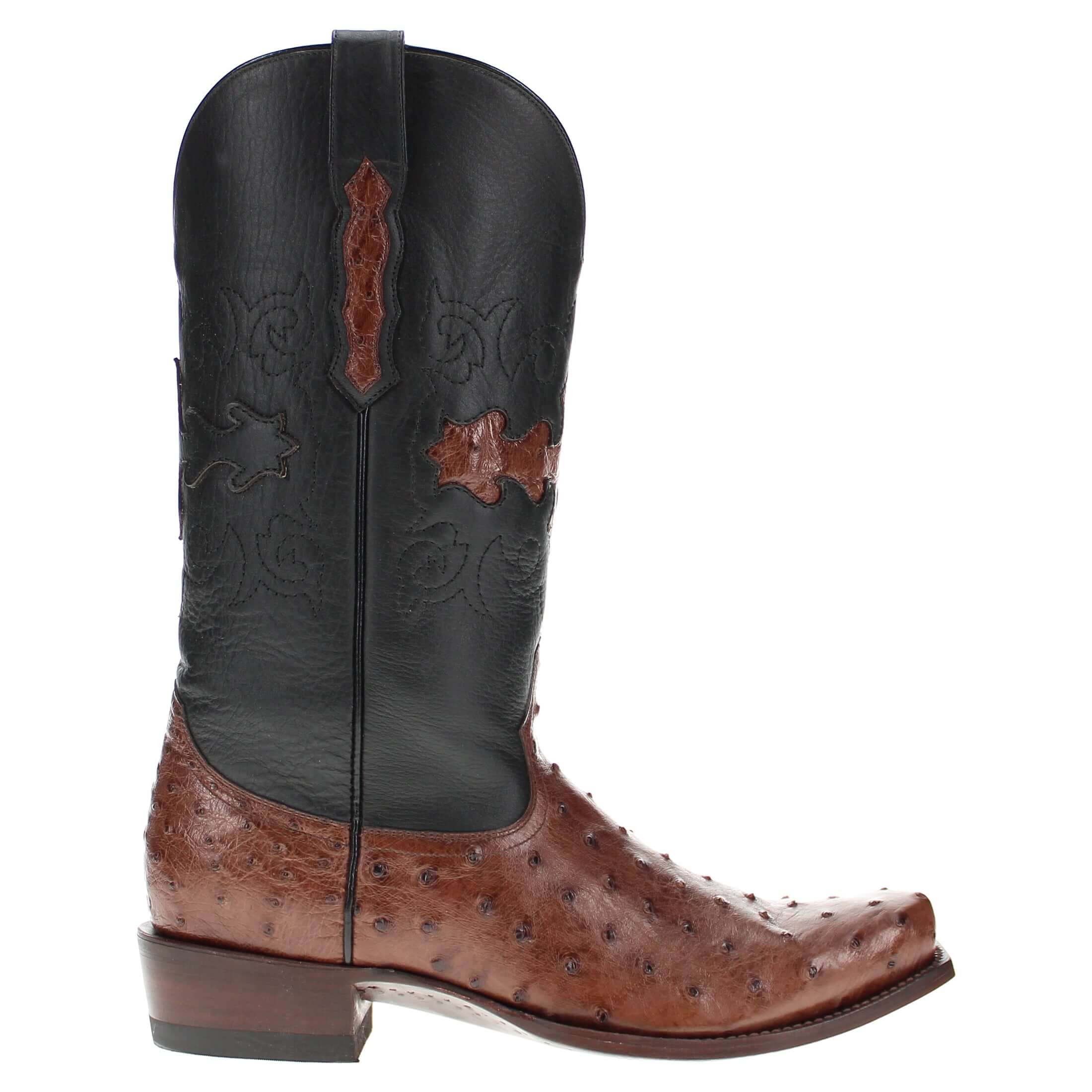 Mens mocha leather western boots with narrow square toe and decorative stitching, featuring full-quill ostrich leather on the foot for added texture.
