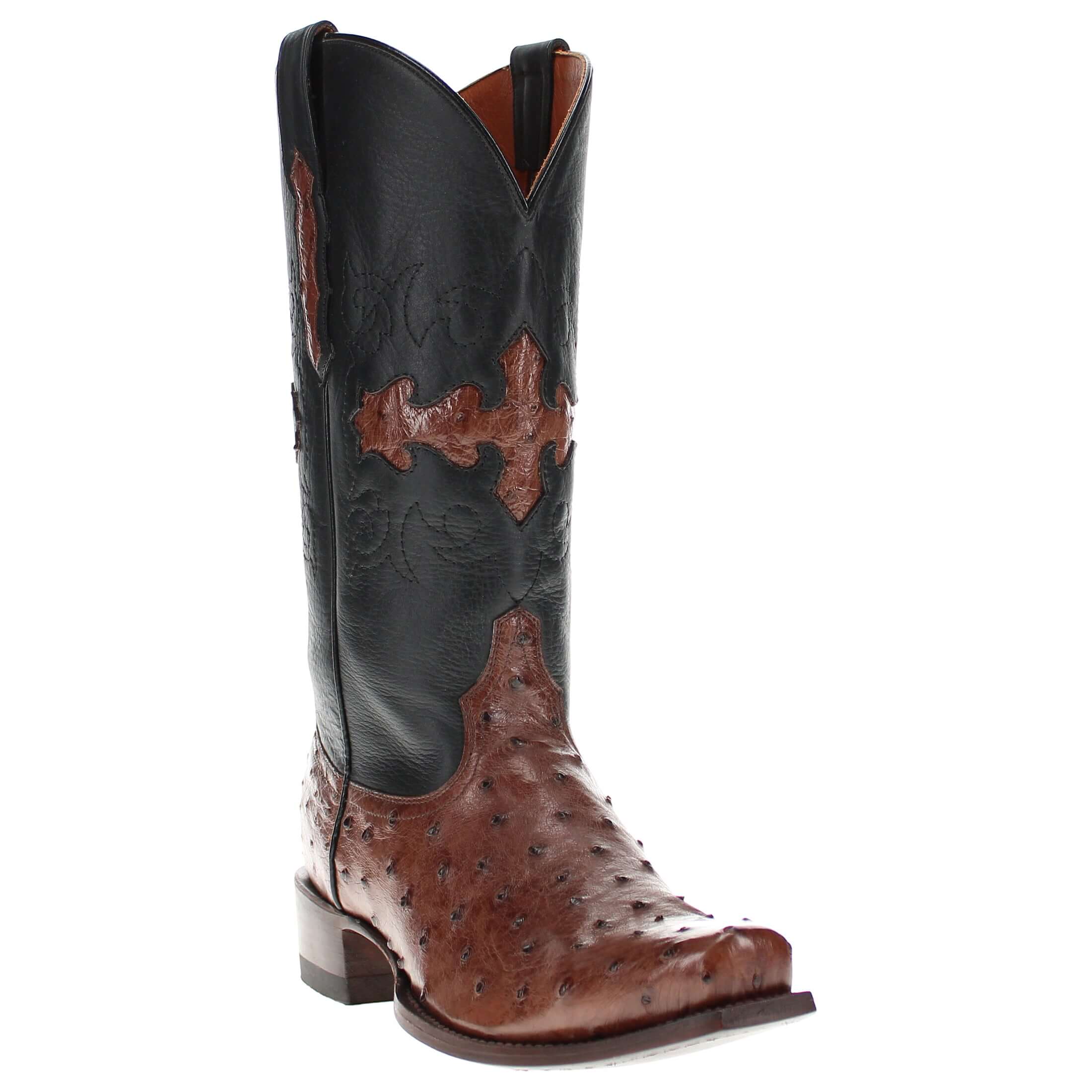 Mens mocha leather western boots with narrow square toe and decorative stitching, featuring full-quill ostrich leather on the foot for added texture.