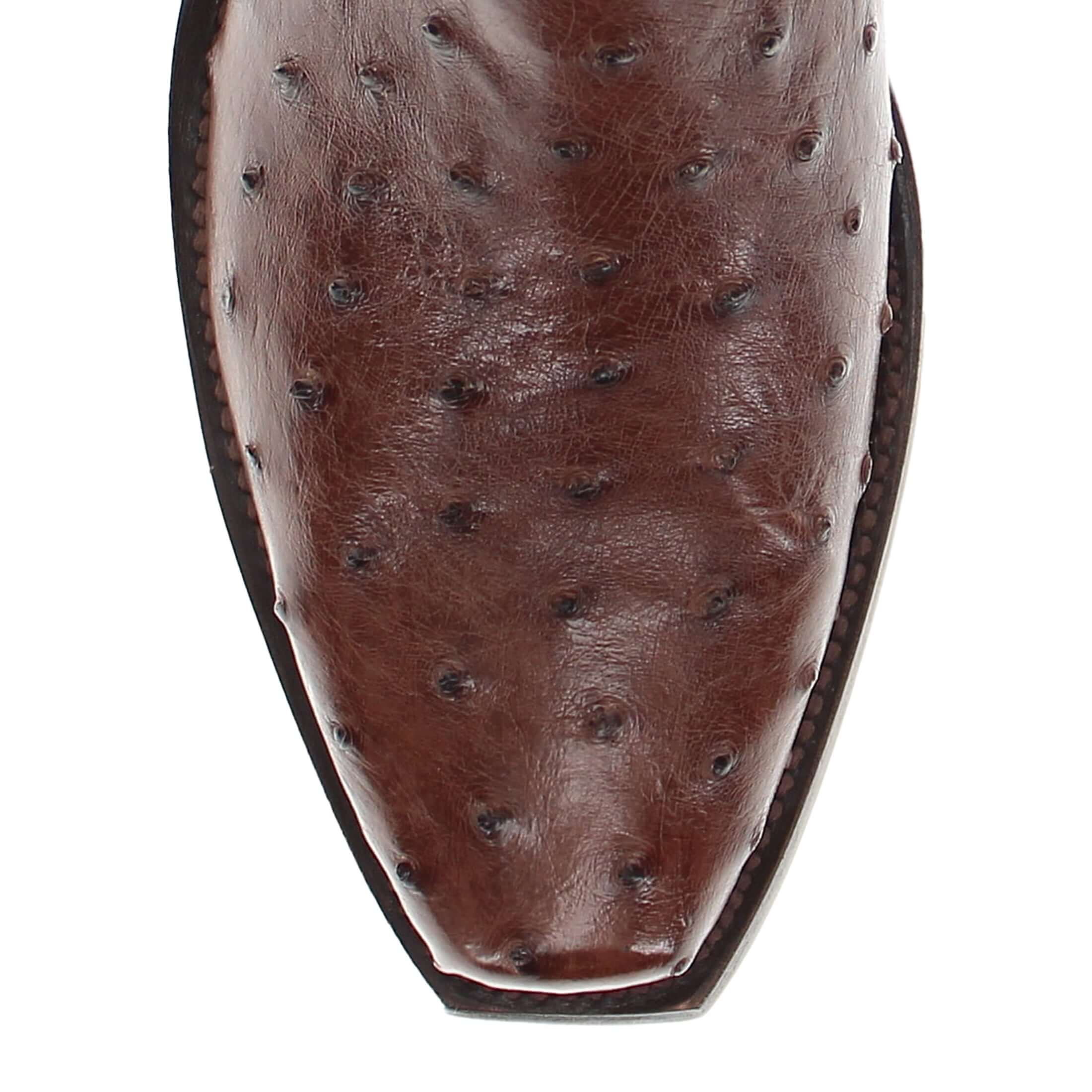 Mens mocha leather western boots with narrow square toe and decorative stitching, featuring full-quill ostrich leather on the foot for added texture.