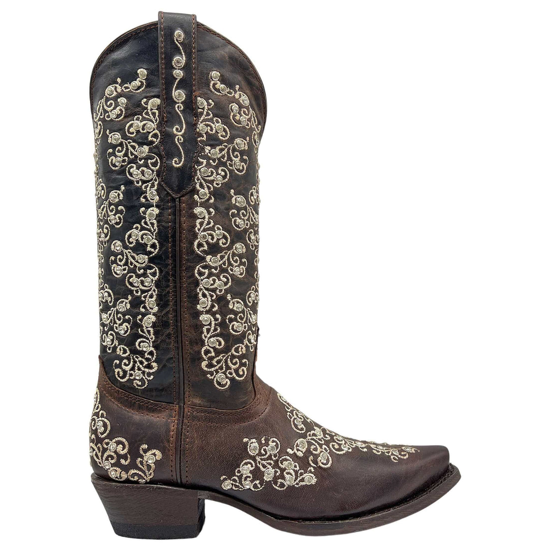 Women's Vaccari Mocha Snip Toe Crystal Embellished Cowgirl Boots | Brooklyn