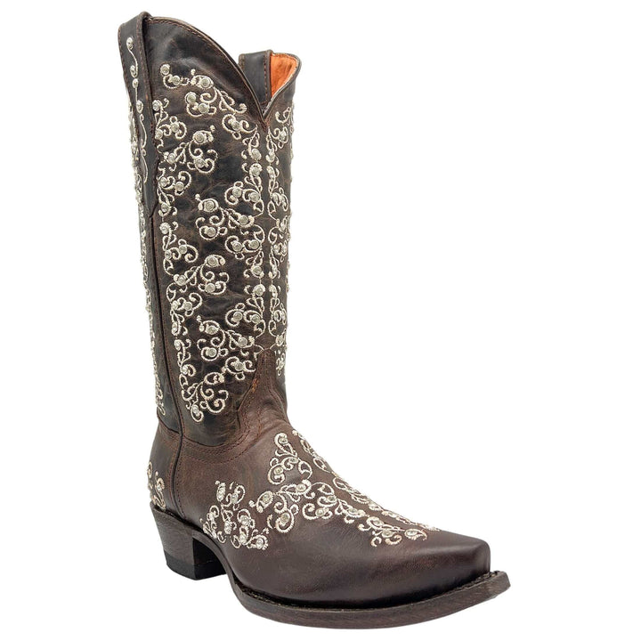 Women's Vaccari Mocha Snip Toe Crystal Embellished Cowgirl Boots | Brooklyn