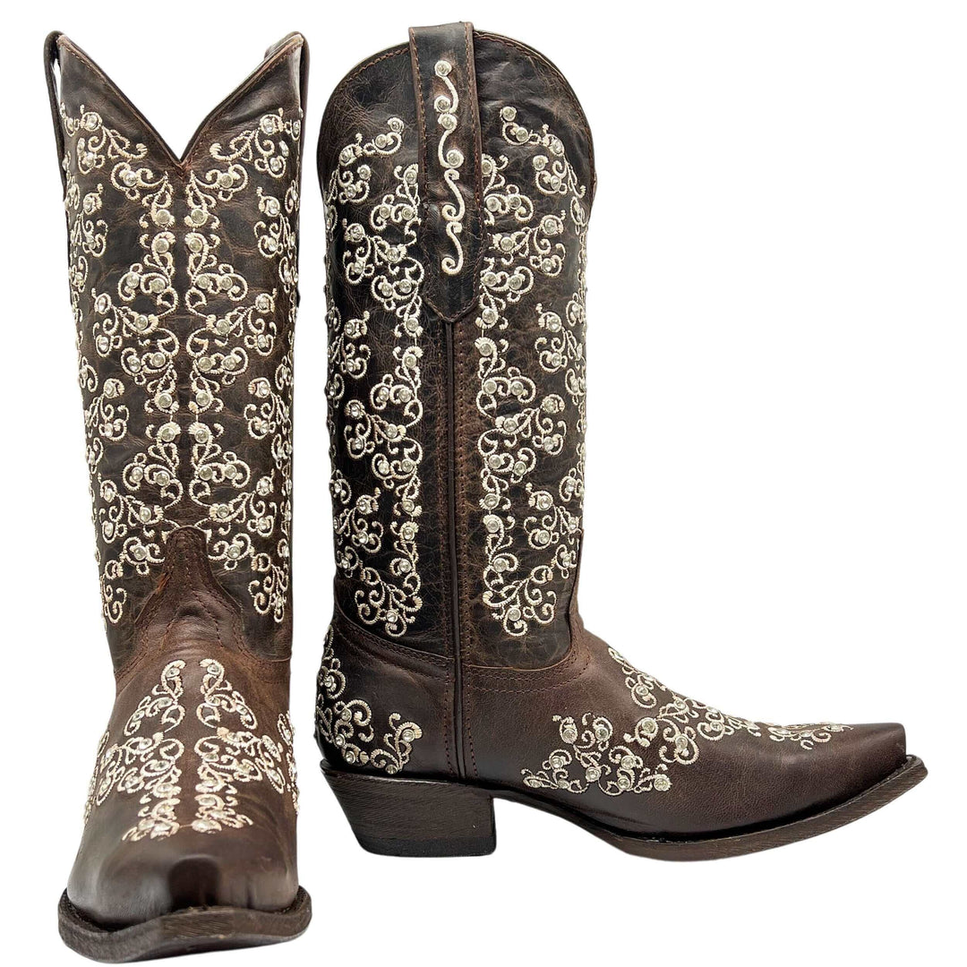 Women's Vaccari Mocha Snip Toe Crystal Embellished Cowgirl Boots | Brooklyn