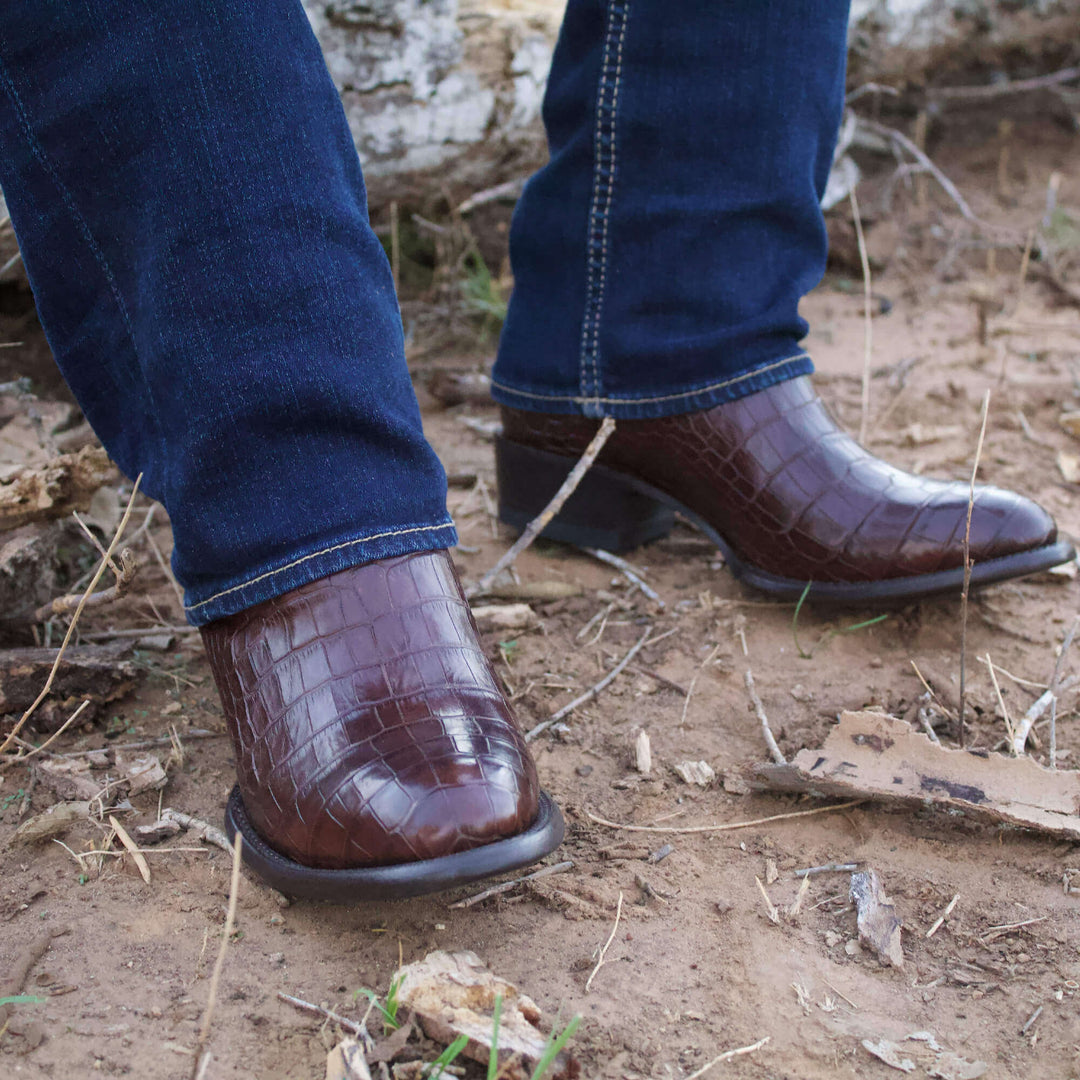 Mens Brown American Alligator Belly Round Toe Cowboy Boots That Look Similar to Caiman Crocodile Leather