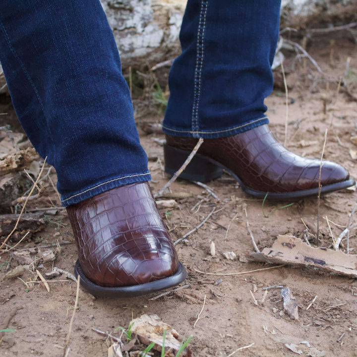 Mens Brown American Alligator Belly Round Toe Cowboy Boots That Look Similar to Caiman Crocodile Leather