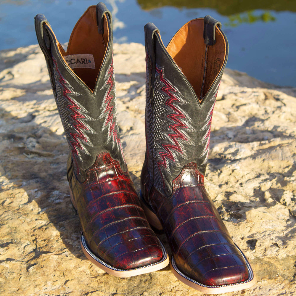 Mens Black Cherry American Alligator Belly Tail Square Toe Cowboy Boots with Similar Look to Caiman by Vaccari