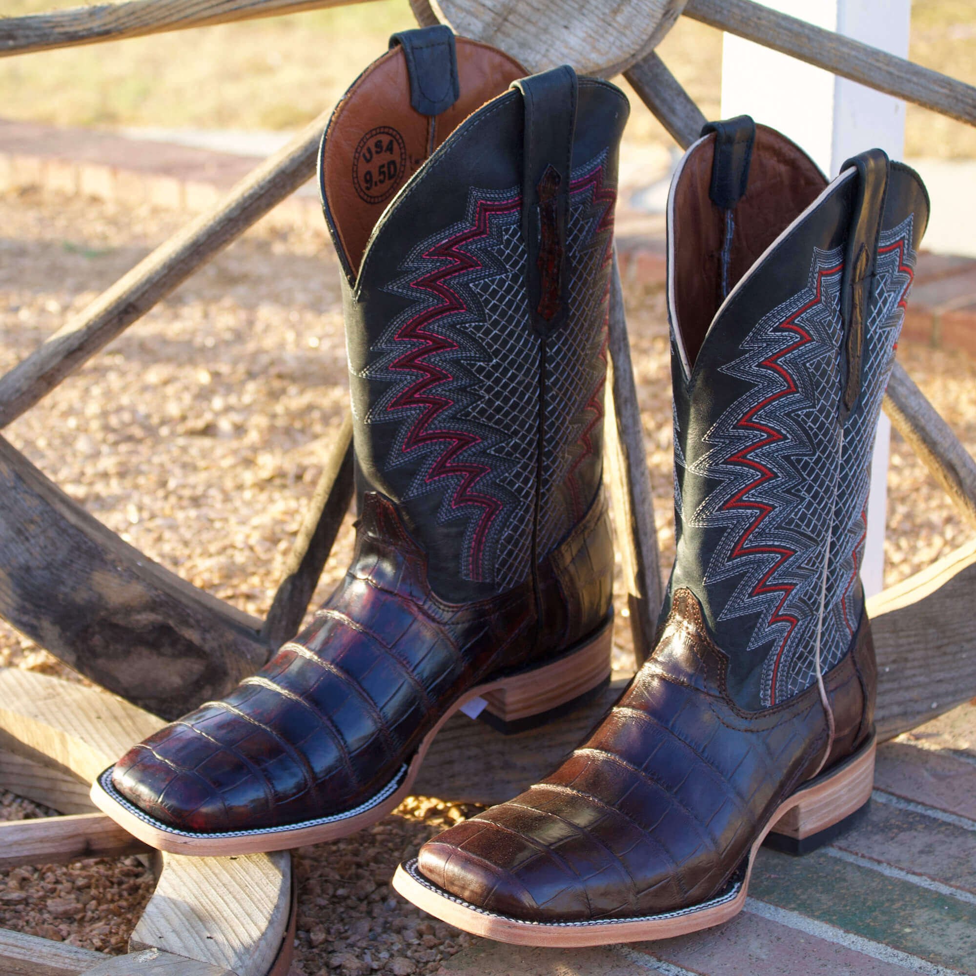 Mens Black Cherry American Alligator Belly Tail Square Toe Cowboy Boots with Similar Look to Caiman by Vaccari
