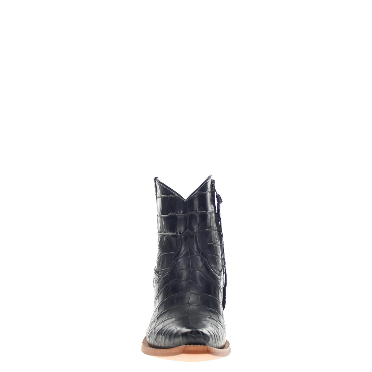 navy blue alligator belly mid-calf western boot with angled shaft and low stacked heel