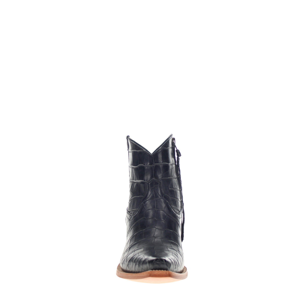 Dark crocodile-textured mid-calf western boot with angled shaft and low stacked heel