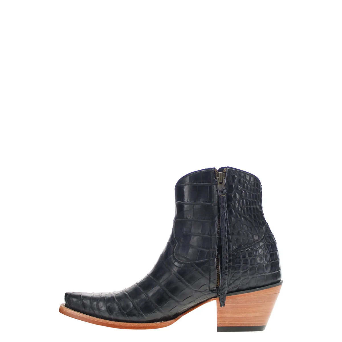 navy blue alligator belly mid-calf western boot, side zipper, wood-tone block heel