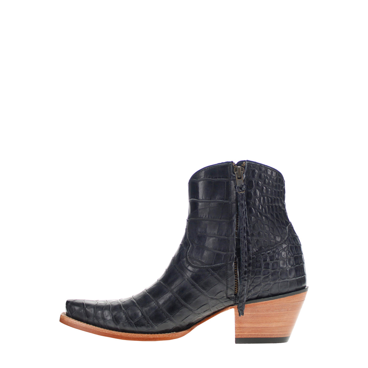 Dark crocodile-textured mid-calf western boot, side zipper, wood-tone block heel