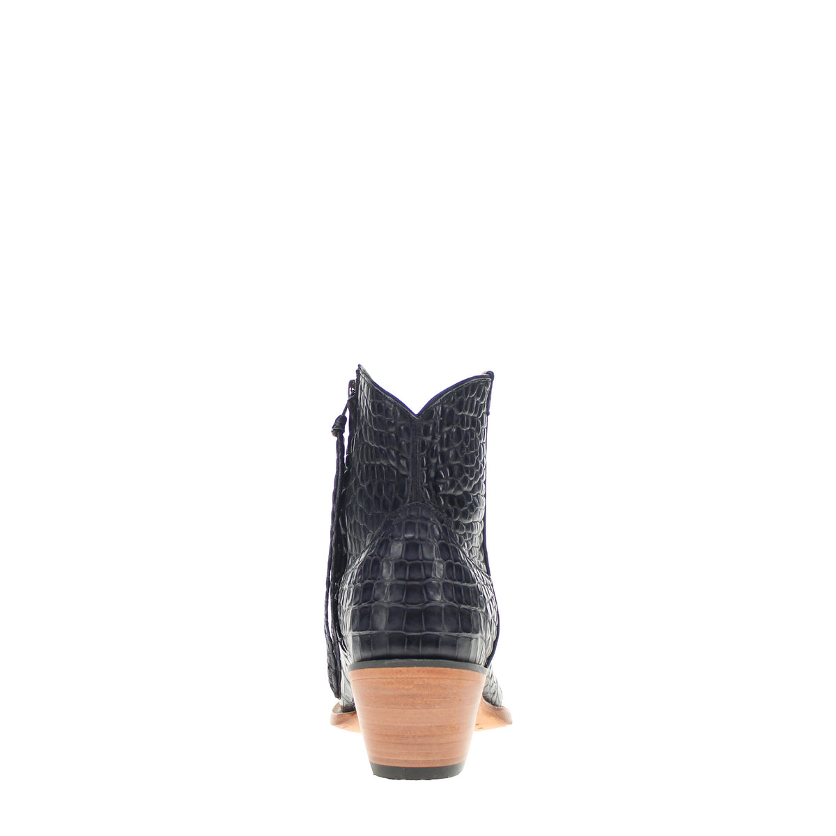Dark crocodile-textured mid-calf western boot, stacked wood-tone heel, pull-on style