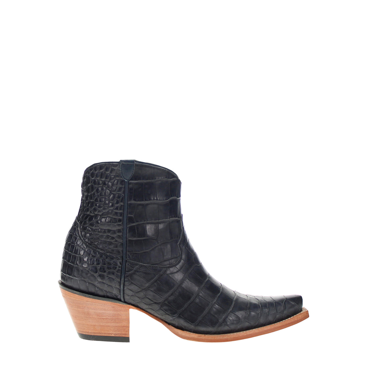 Dark crocodile-textured ankle boot with side pull-on and wood-tone block heel