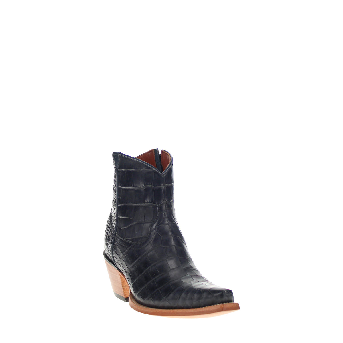 Dark crocodile-textured mid-calf western boot with pull tabs and wood-tone block heel