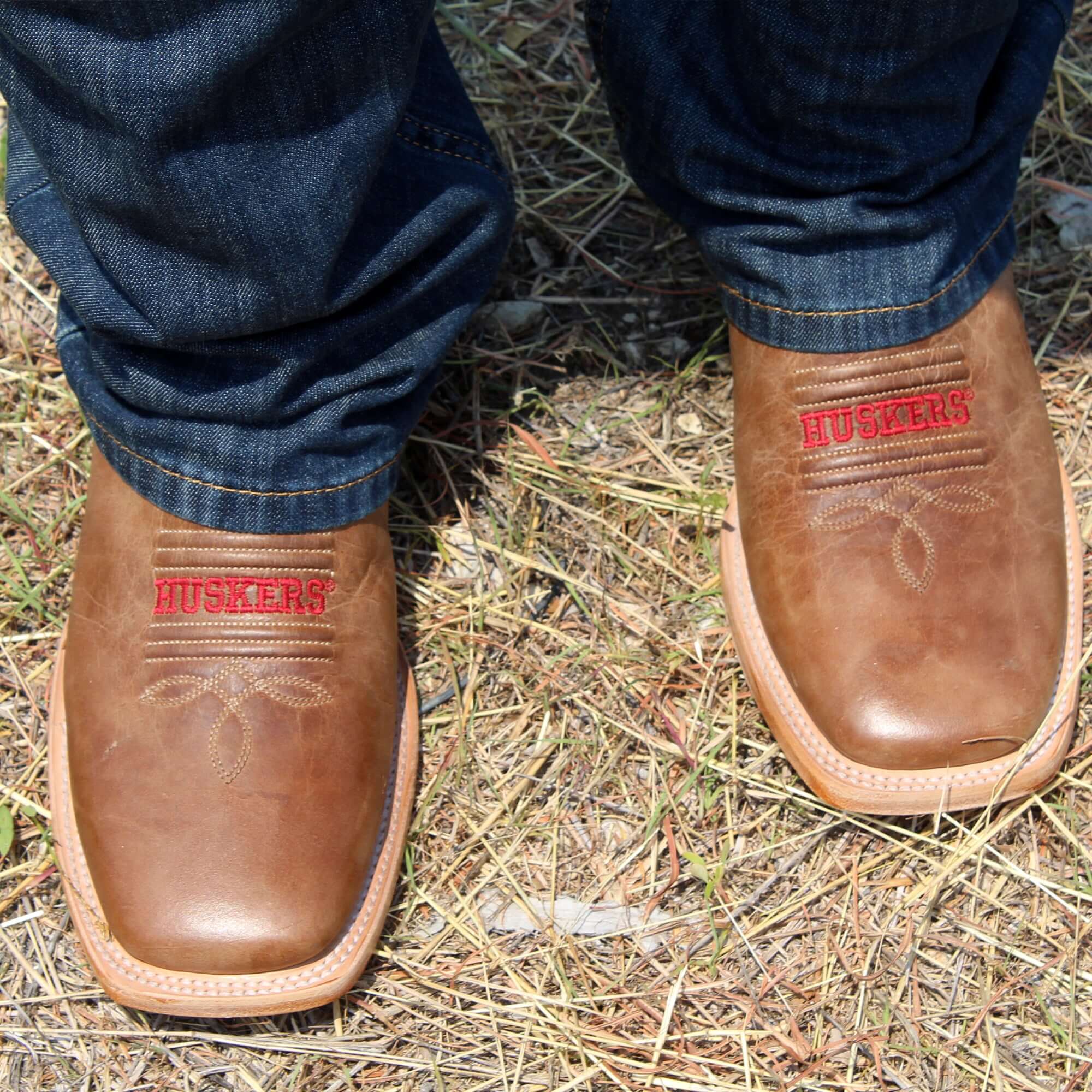 Men's University of Nebraska Cornhuskers Tan Leather Square Toe Cowboy Boots by Vaccari
