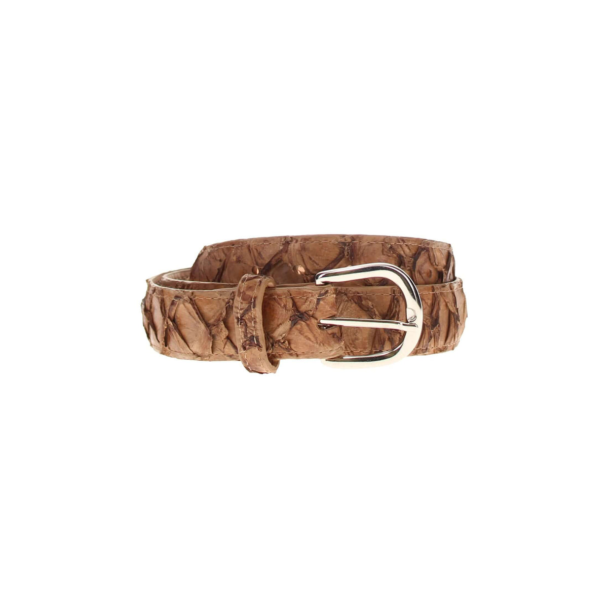 Tan leather fish-scale belt with silver-tone double-prong buckle
