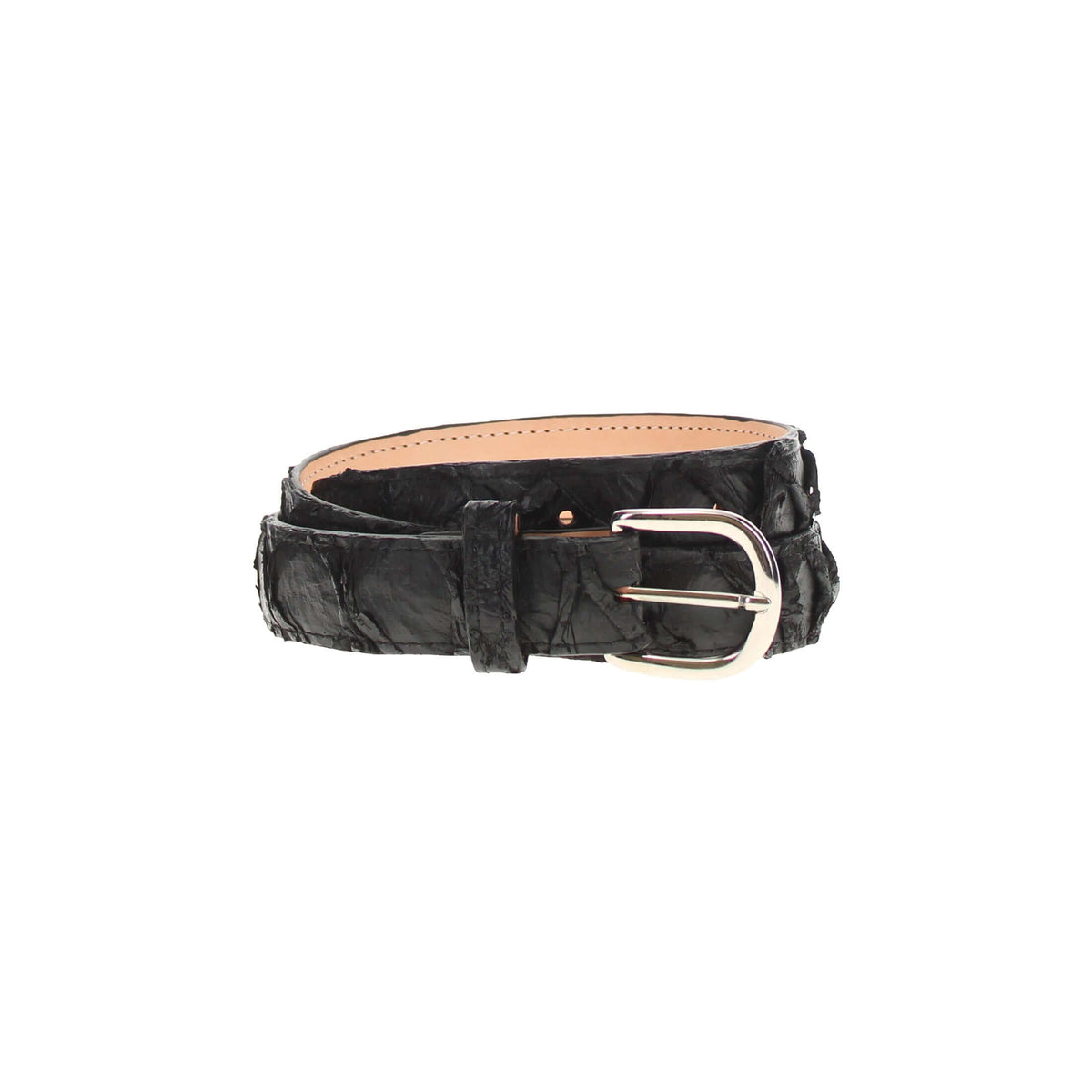 Black fish-texture belt with silver buckle and tan inner lining