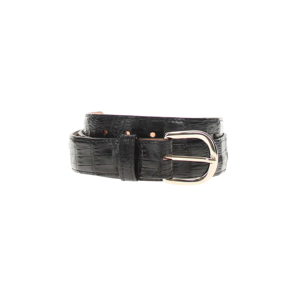 Black embossed alligator belt with silver pin buckle and sizing holes