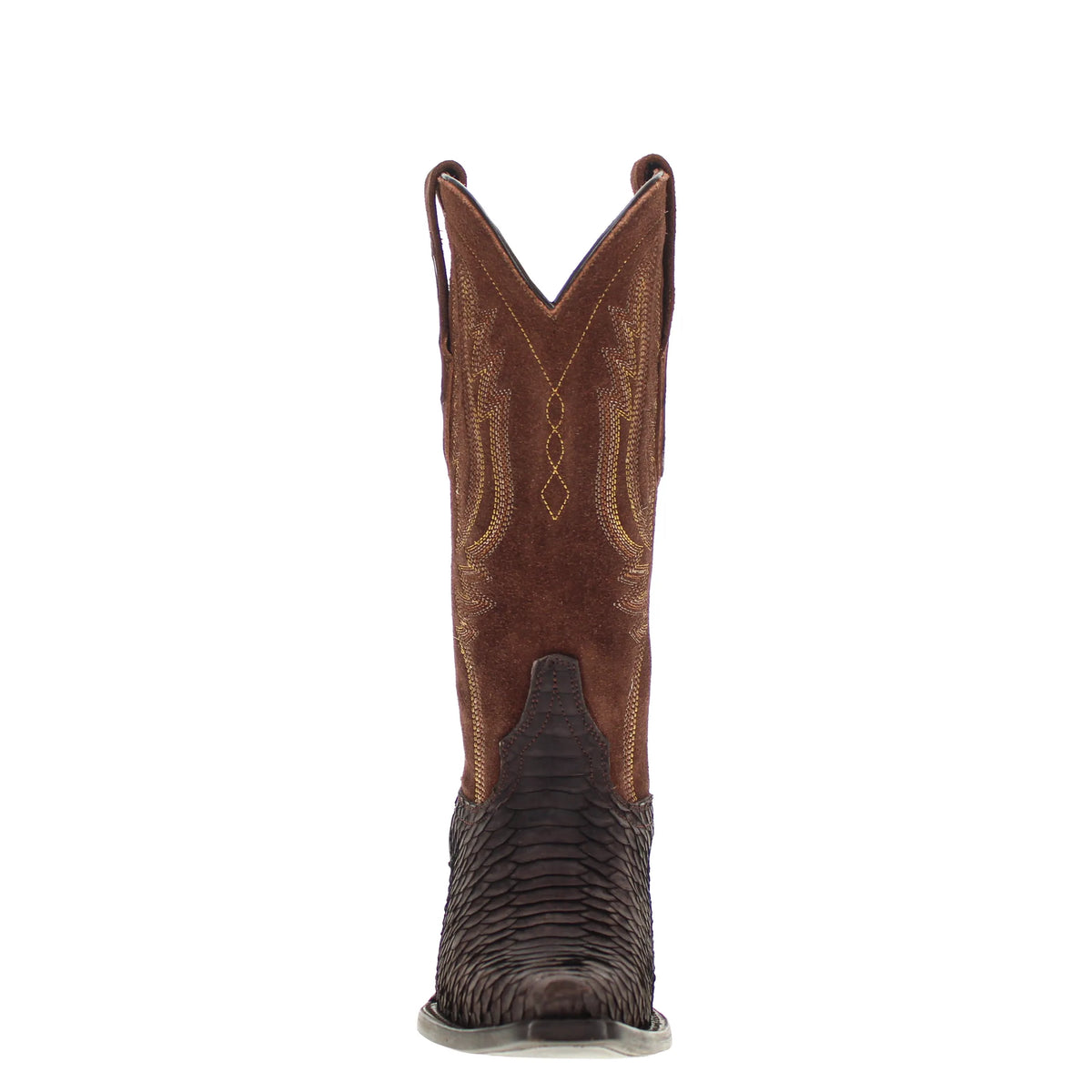 Nora cowboy boot, brown suede upper with wing embroidery and dark scaly lower