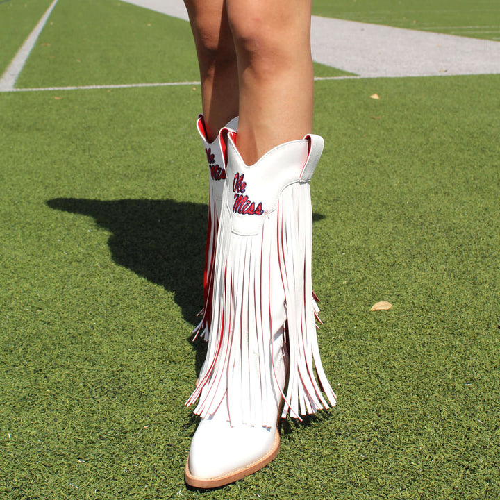 University of Mississippi Kacey White Fringe Boot By V By Vaccari