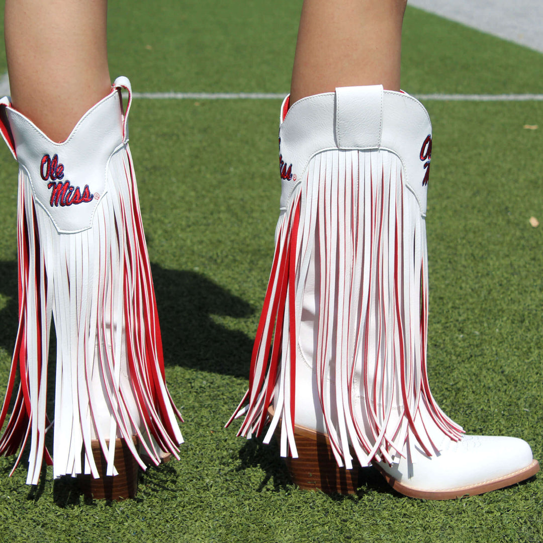 University of Mississippi Kacey White Fringe Boot By V By Vaccari