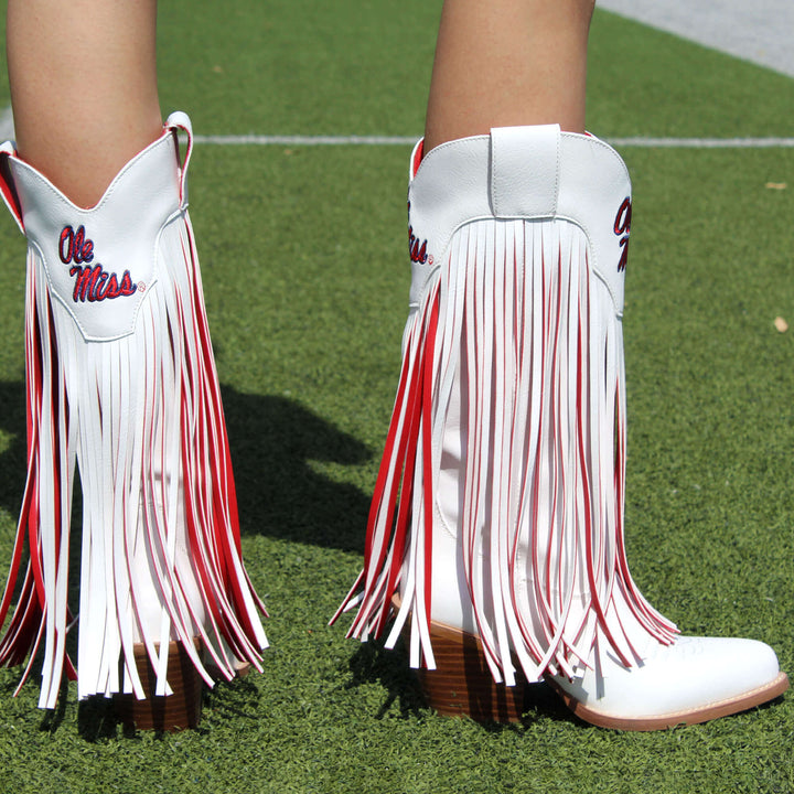 University of Mississippi Kacey White Fringe Boot By V By Vaccari