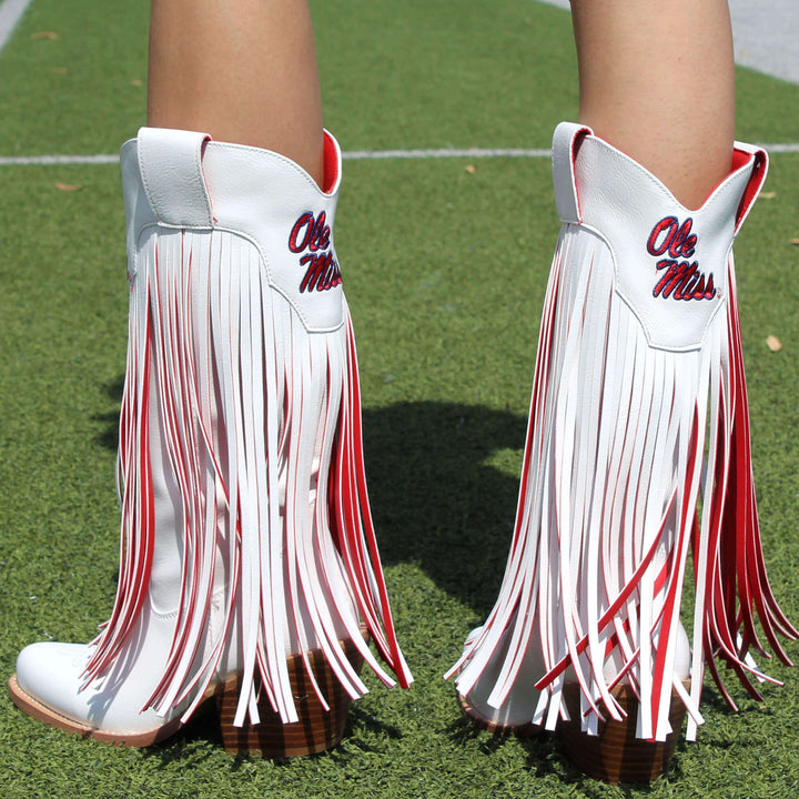 University of Mississippi Kacey White Fringe Boot By V By Vaccari