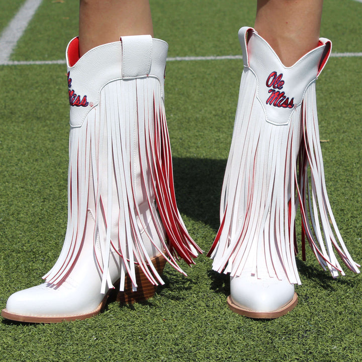 University of Mississippi Kacey White Fringe Boot By V By Vaccari