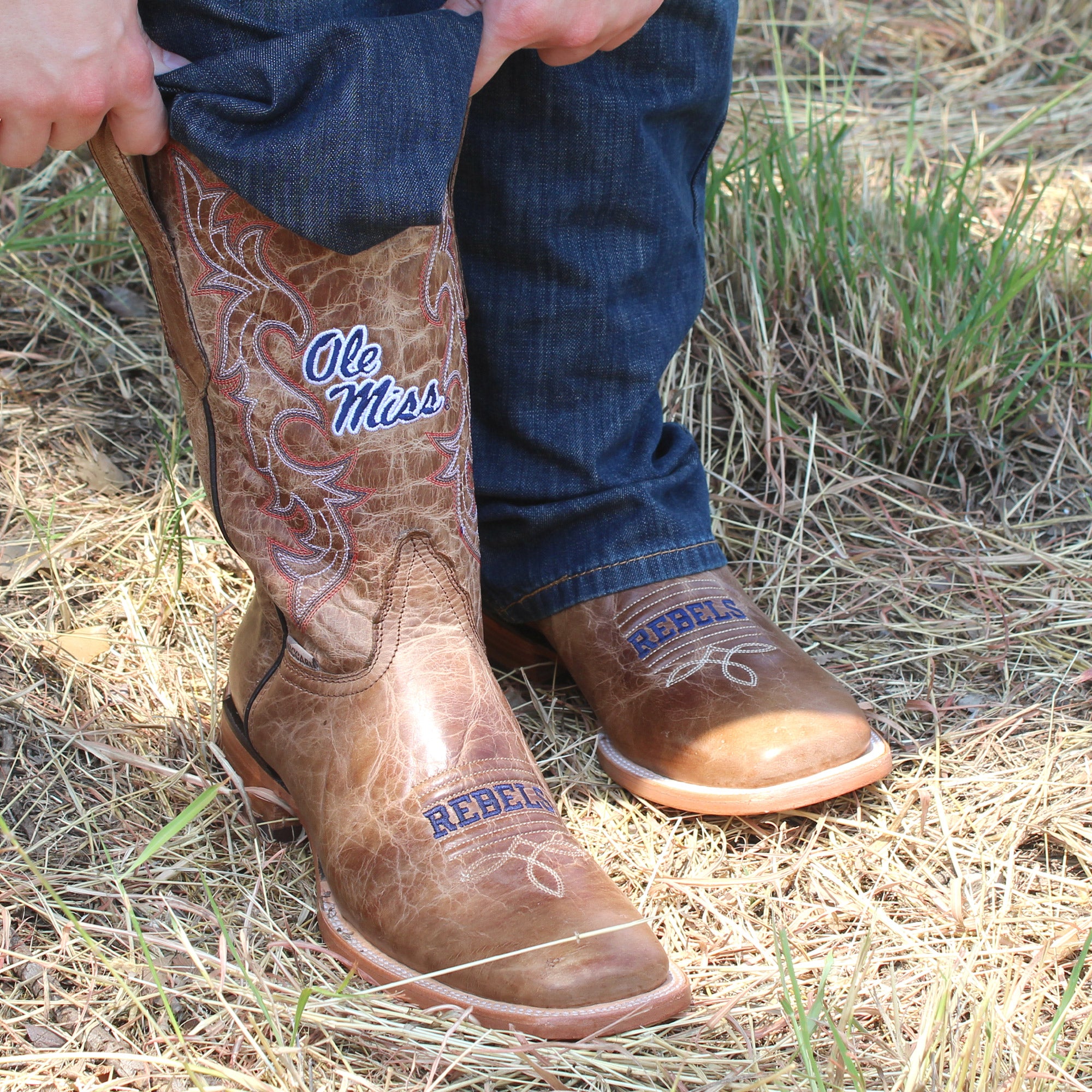 Men's Ole Miss Tan Square Toe Cowboy Boots by Vaccari