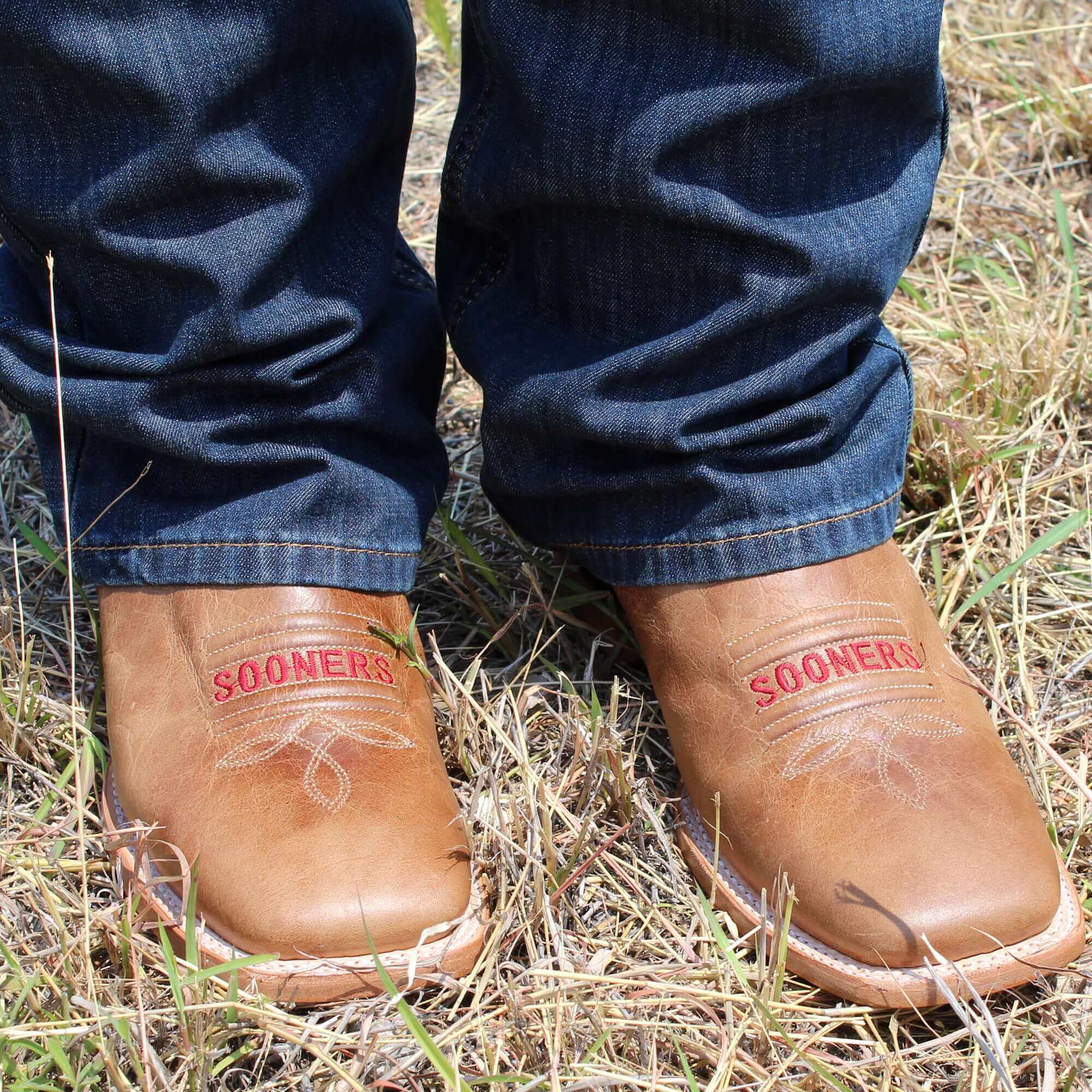 Men's University of Oklahoma Sooners Tan Leather Square Toe Cowboy Boots by Vaccari