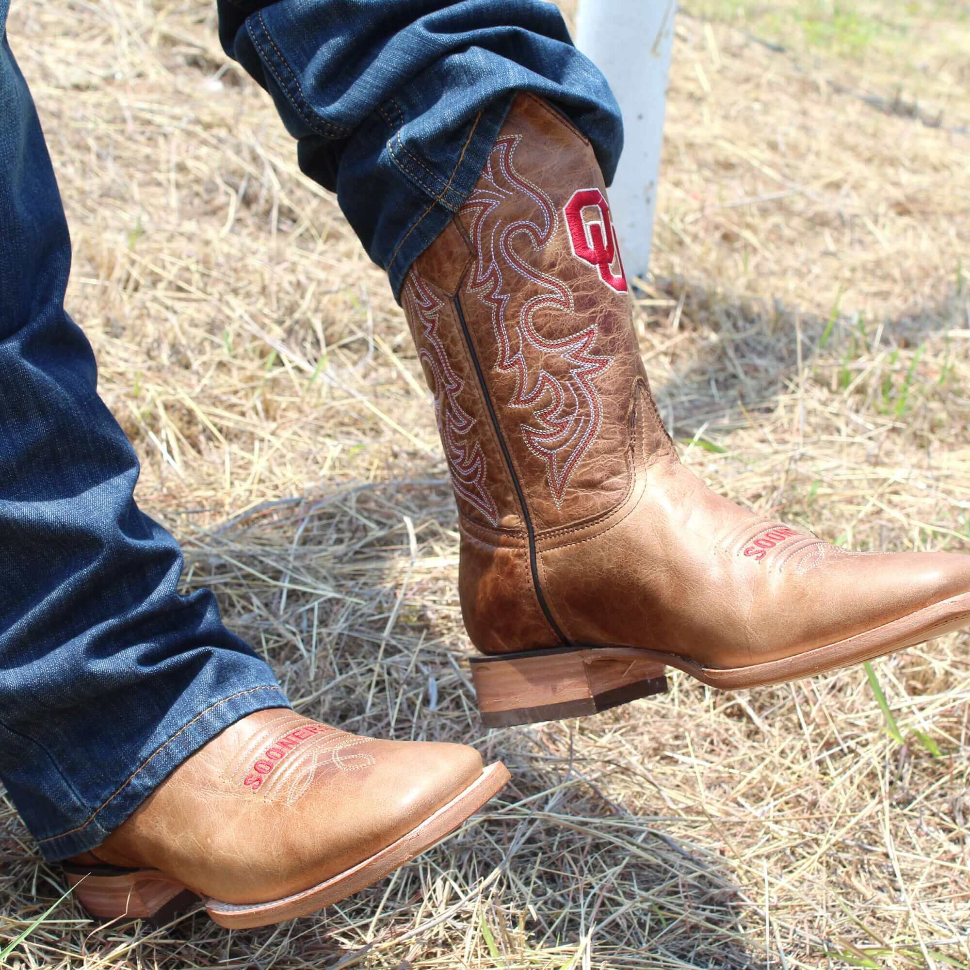Men's University of Oklahoma Sooners Tan Leather Square Toe Cowboy Boots by Vaccari