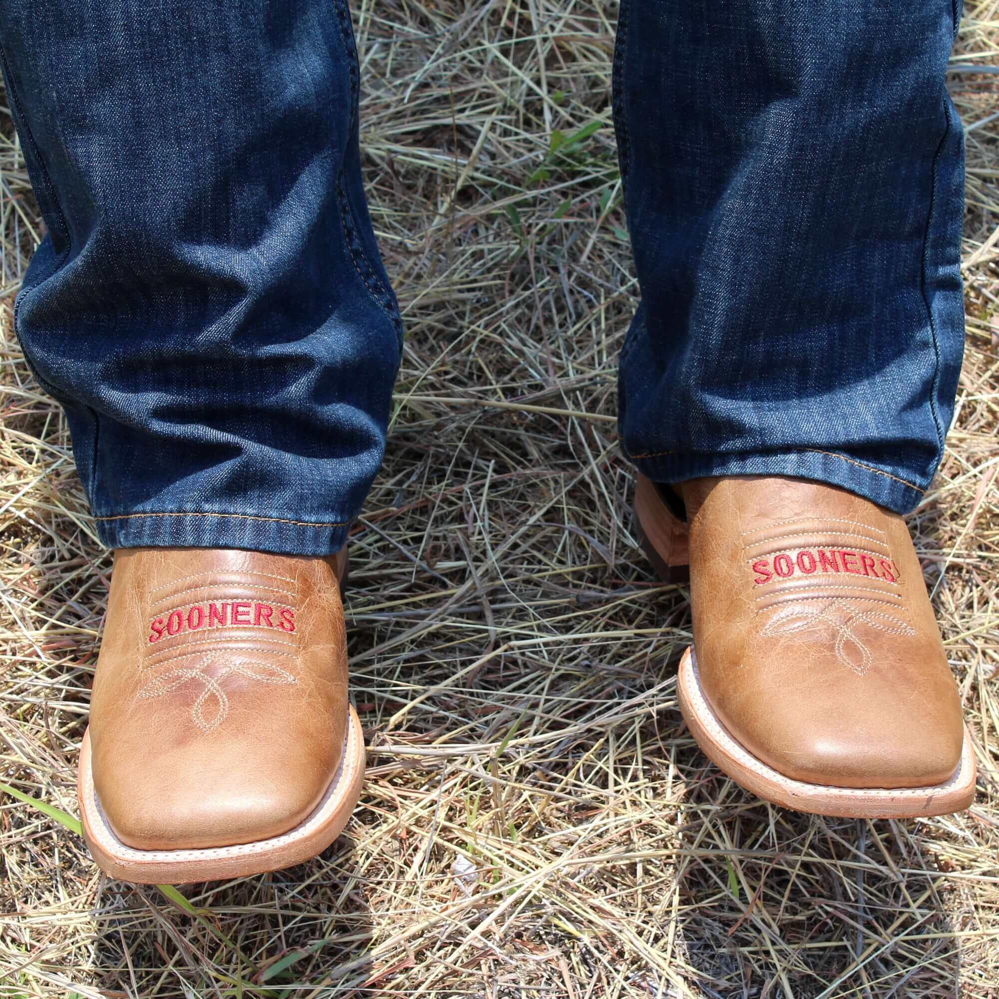 Men's University of Oklahoma Sooners Tan Leather Square Toe Cowboy Boots by Vaccari