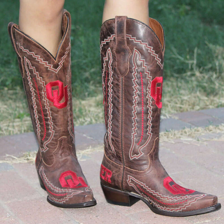 Women's Universtiy of Oklahoma Sooners Cowgirl Boots | Brown Snip Toe Boots | Officially Licensed | Naomi