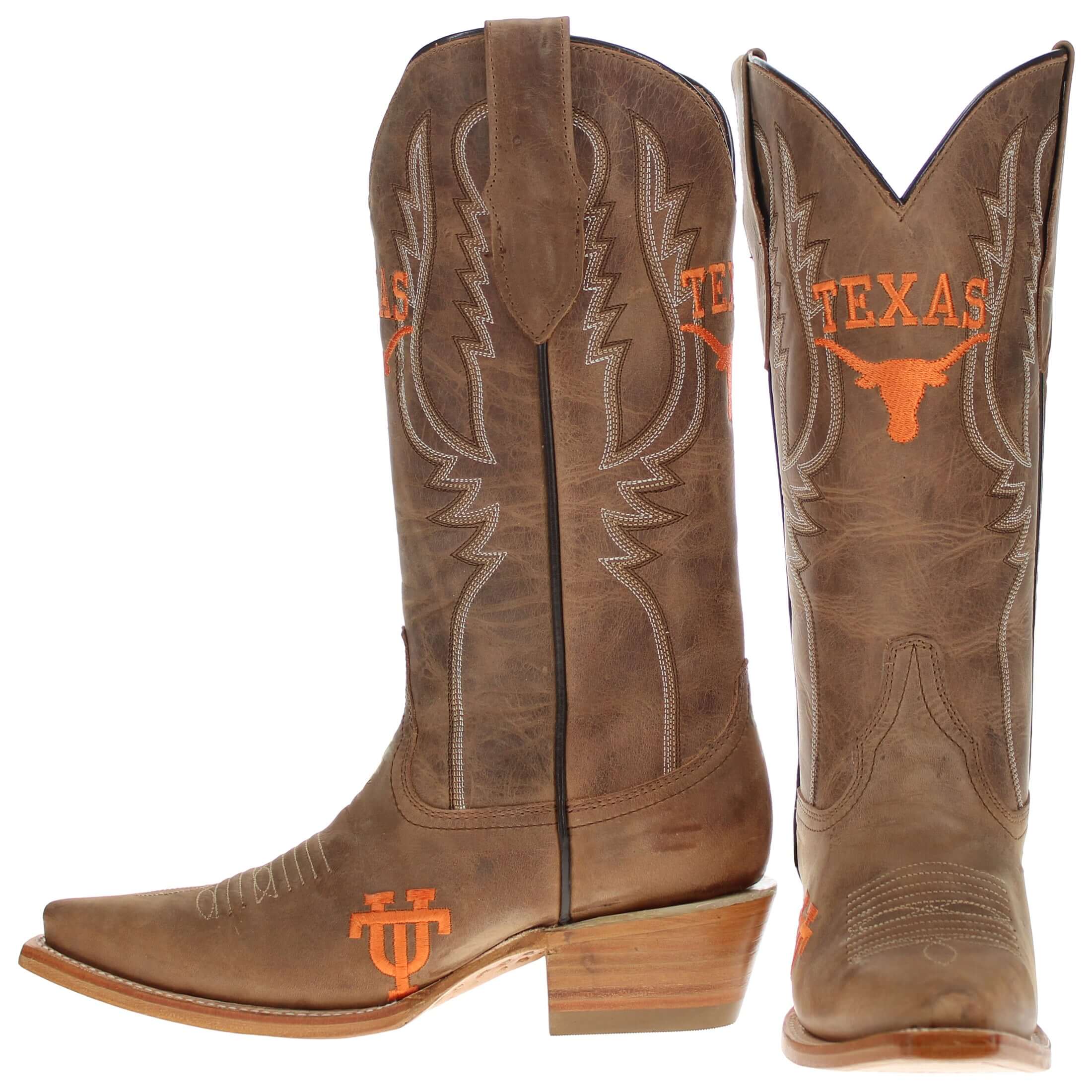 Women's University of Texas Longhorns Tan Leather Snip Toe Cowgirl Boots by Vaccari
