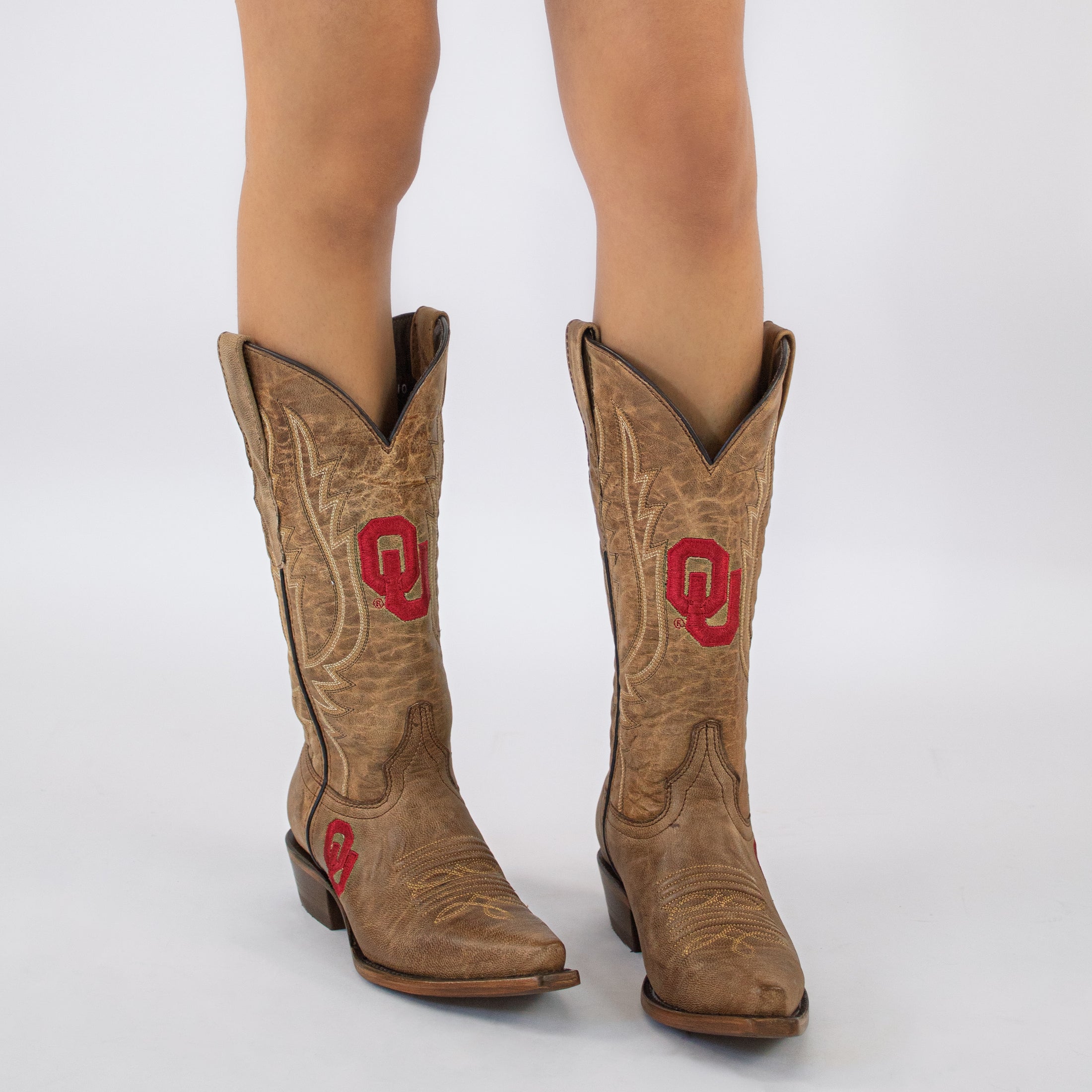Women's University of Oklahoma Sooners Tan Leather Snip Toe Cowgirl Boots by Vaccari