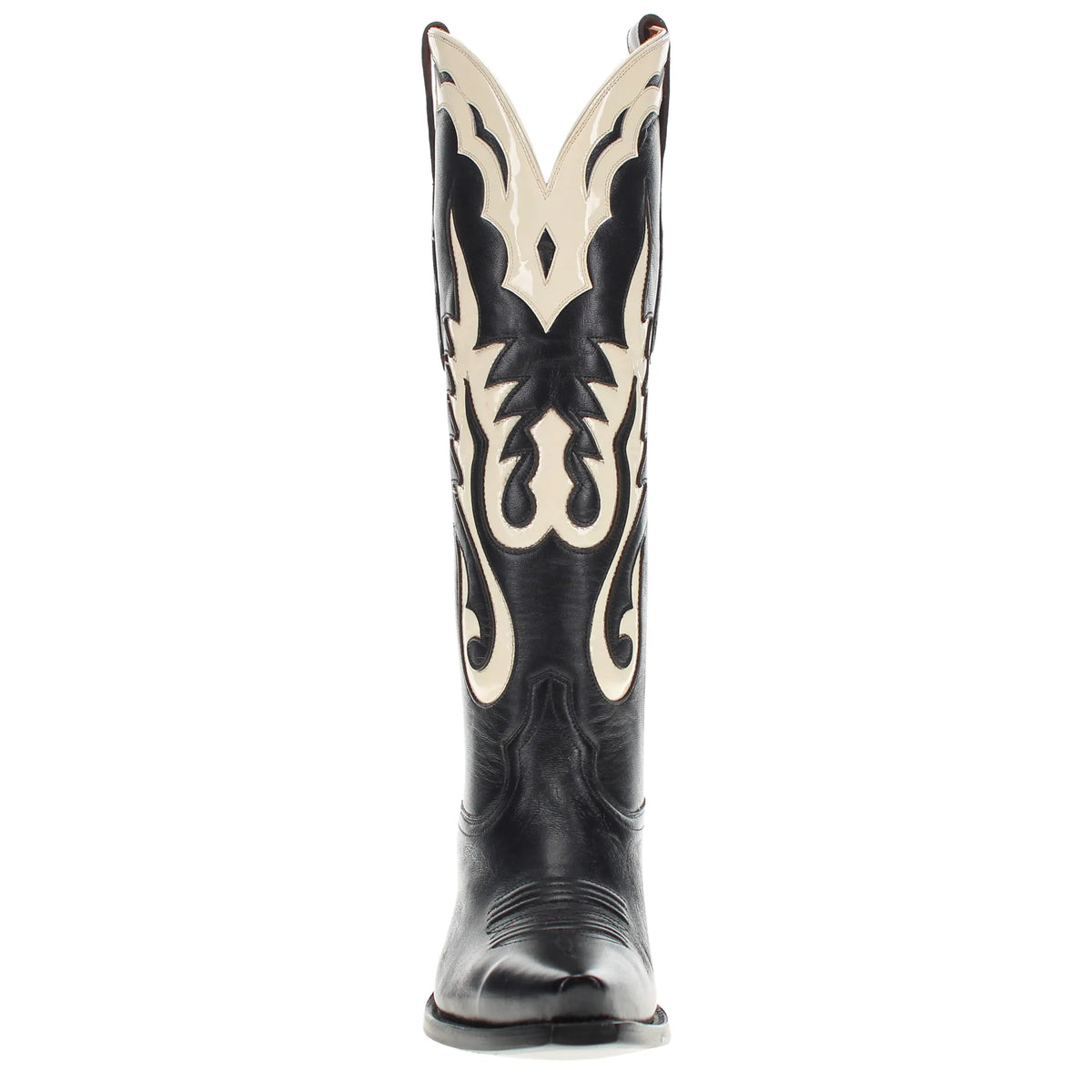 Tall cowboy boots in black leather with cream-and-black decorative embroidery