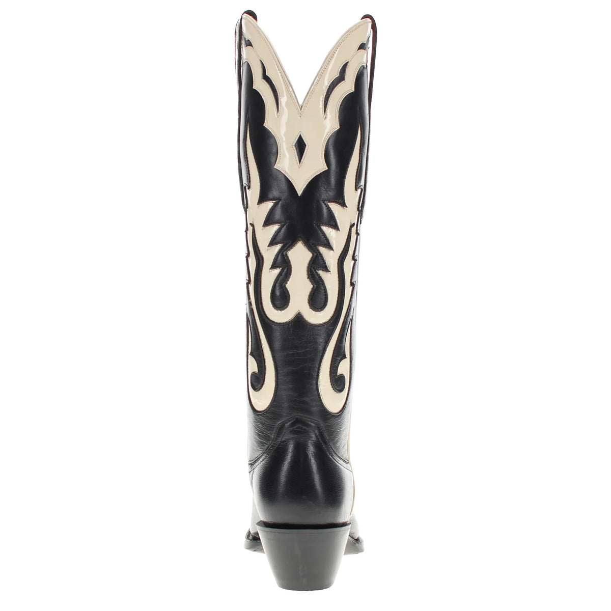 Black cowboy boots with cream ornamental details and low stacked heel