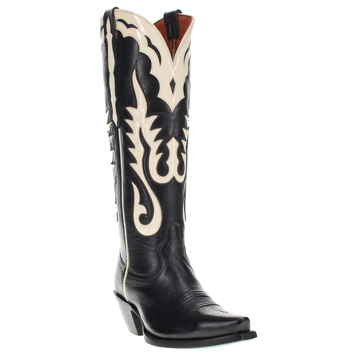 Black leather cowboy boot with cream embroidered shaft and angled side profile