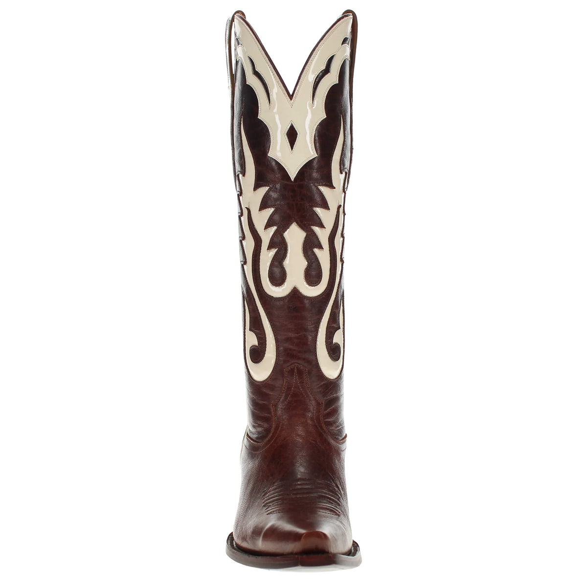 Brown cowboy boot with cream embroidered scrollwork and snip toe