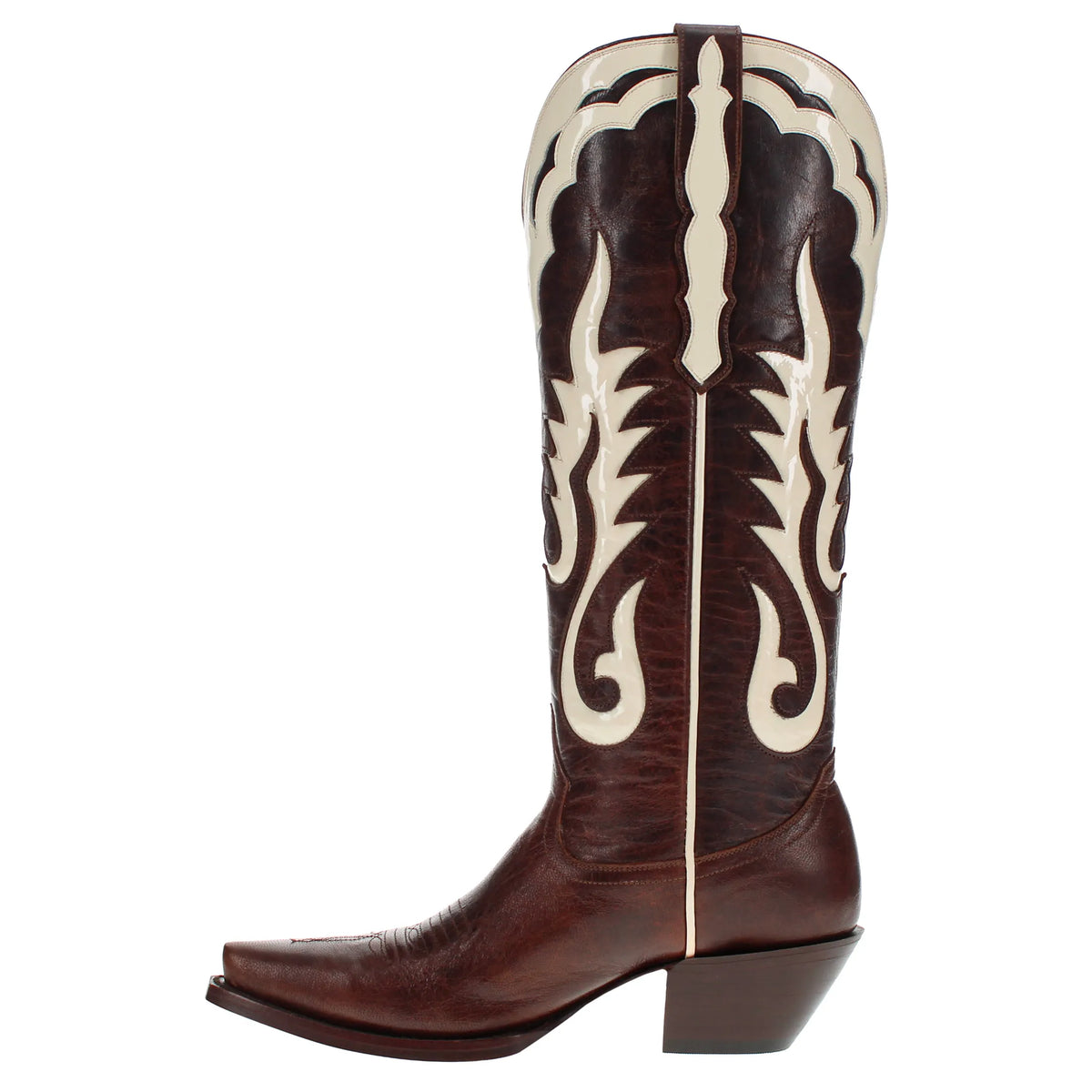 Brown cowboy boot with cream vertical inlay and ornate side scrolls