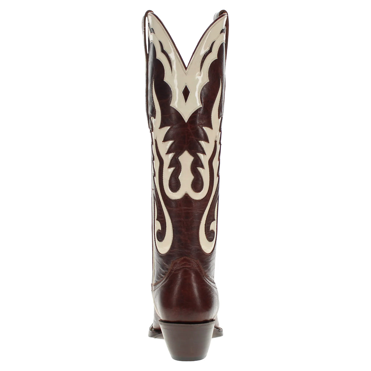 Back view of brown cowboy boot with cream decorative panels and block heel