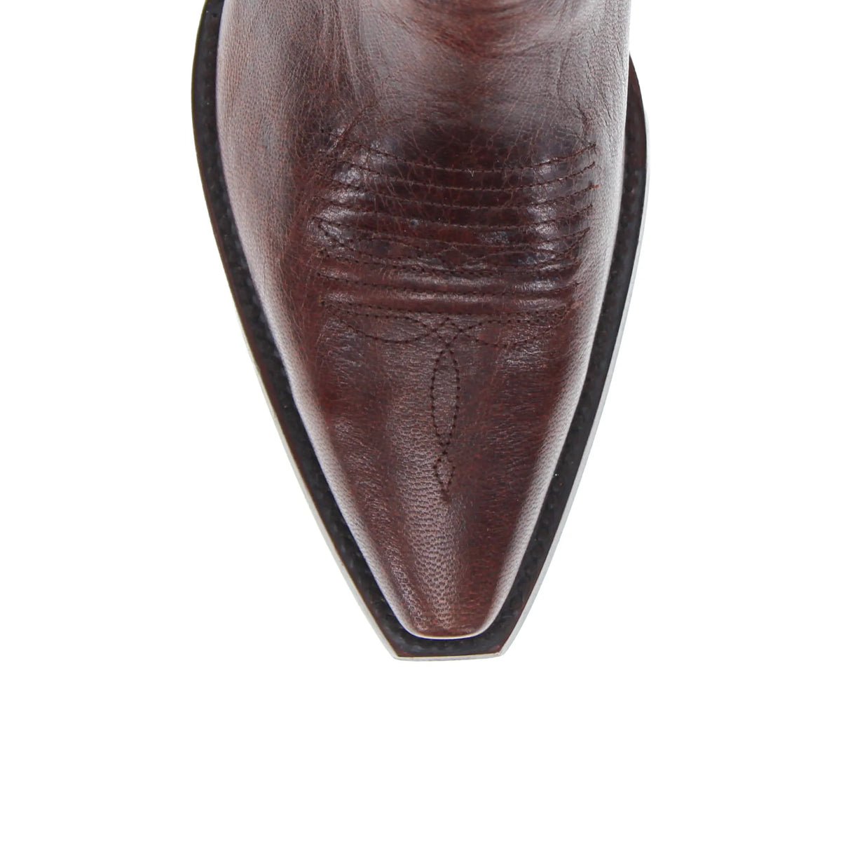 close up of presley's brown leather vamp with dark brown stitching