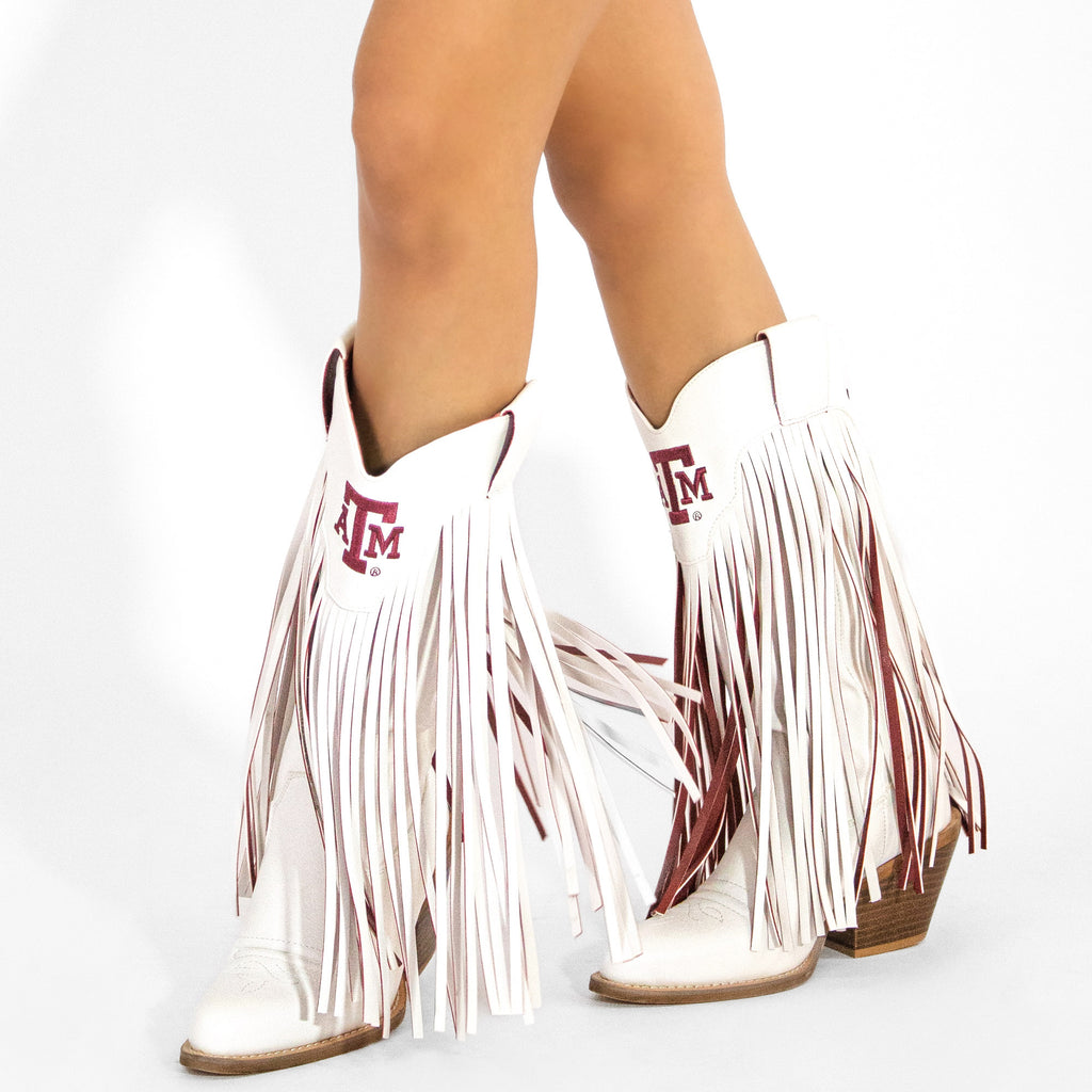 Women's Texas A&M University Kacey White Fringe Boot By V By Vaccari
