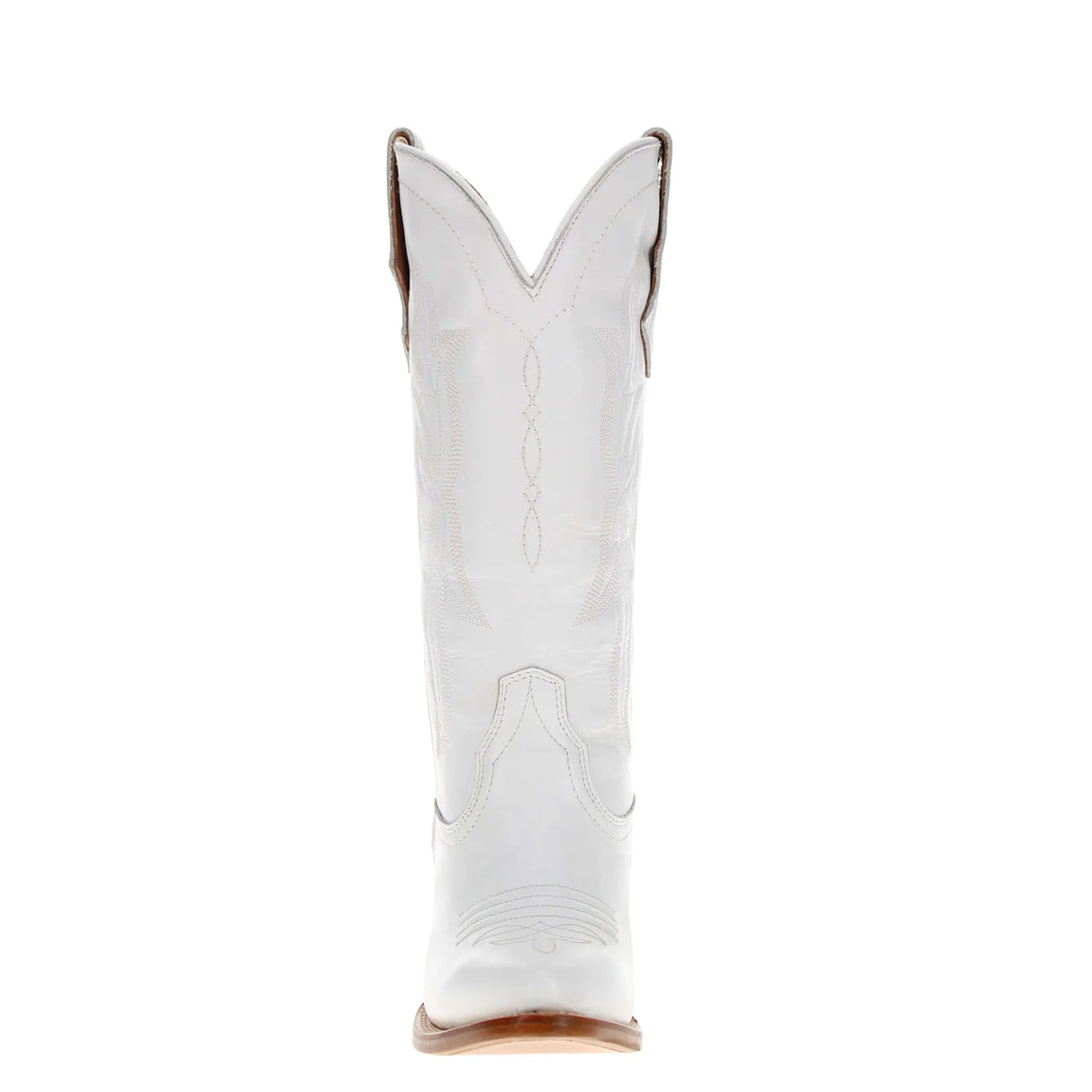 A single white leather cowboy boot shown from the front, featuring decorative stitching and a pointed square toe, set against a plain white background.